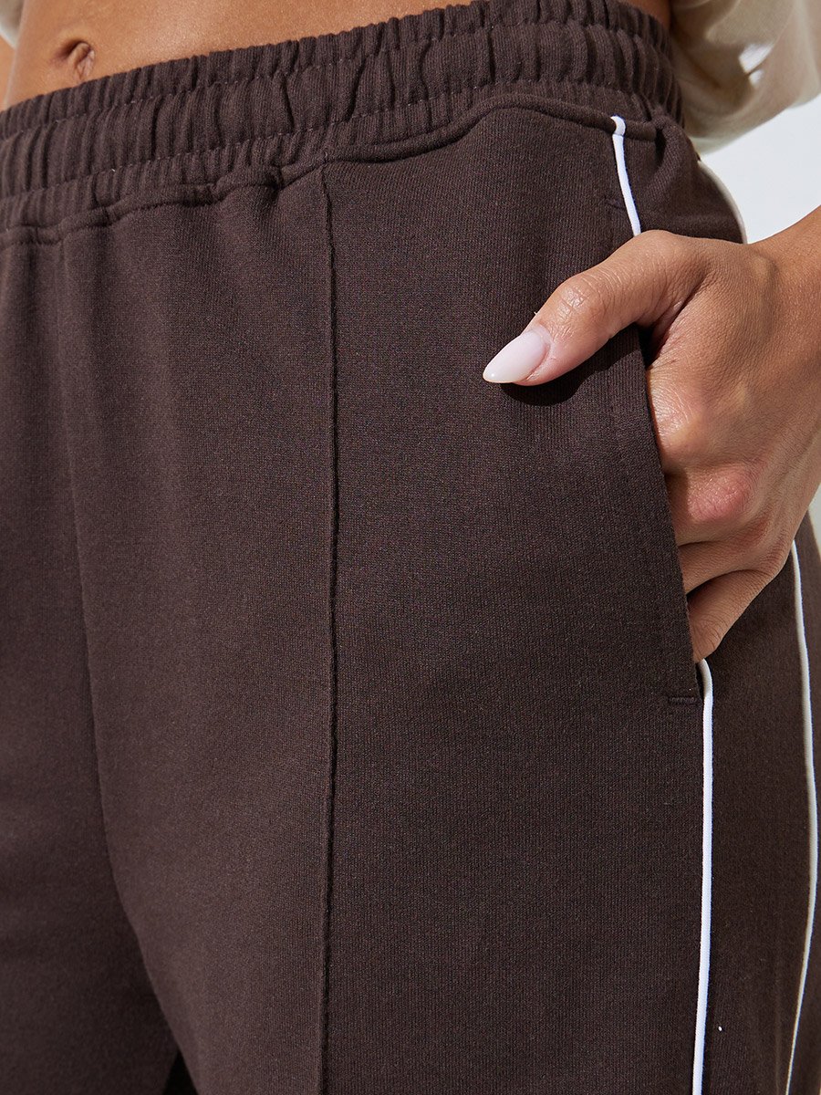 Coffee Brown Wide Leg Joggers with Pintuck Detail