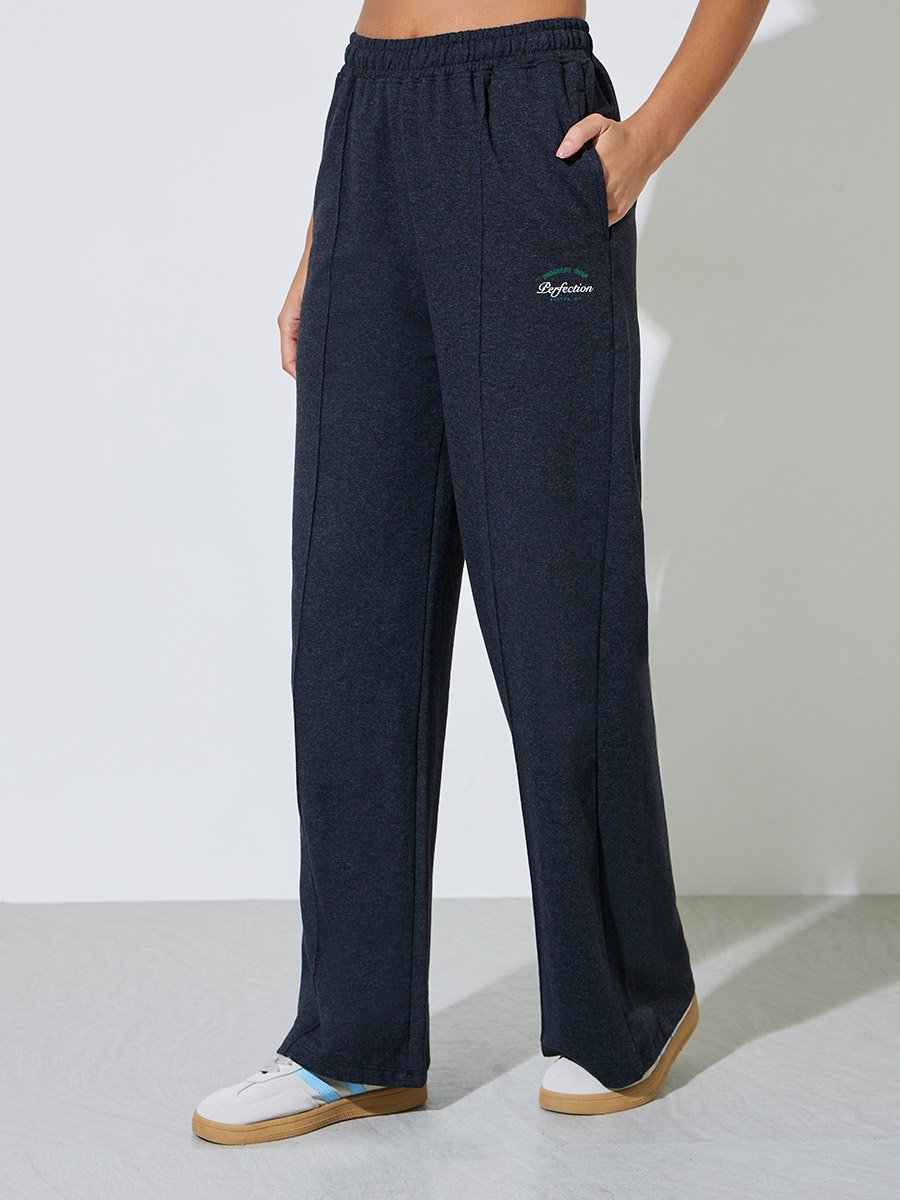 Charcoal Slogan Print Wide Leg Knitted Joggers with Pintuck Details