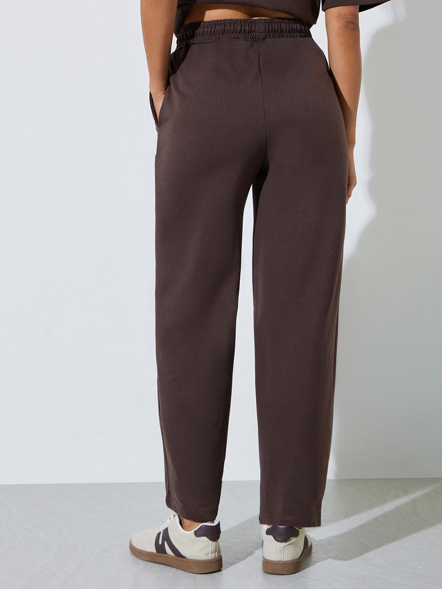 Brown Barrel Fit Cotton Blend Joggers