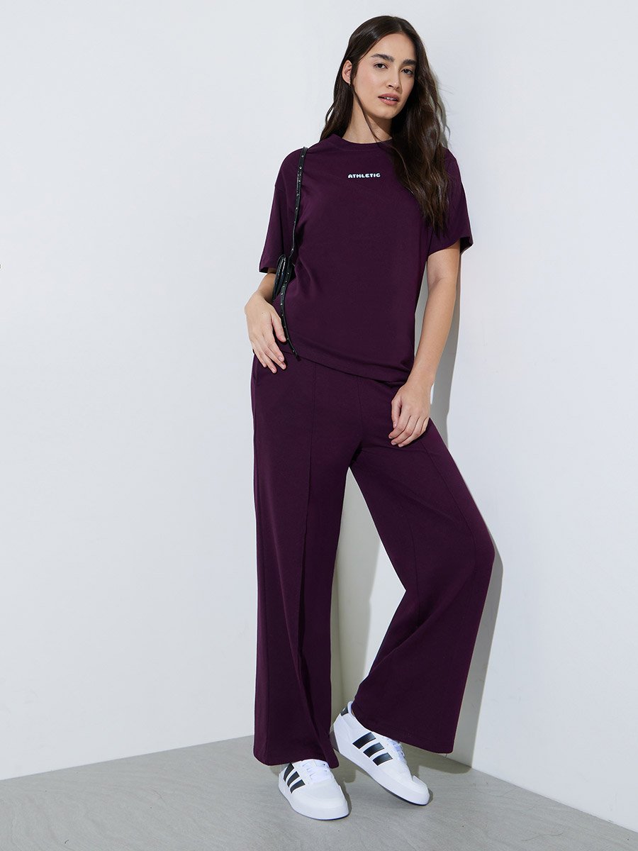 Burgundy Wide Leg Joggers with Elastic Waistband