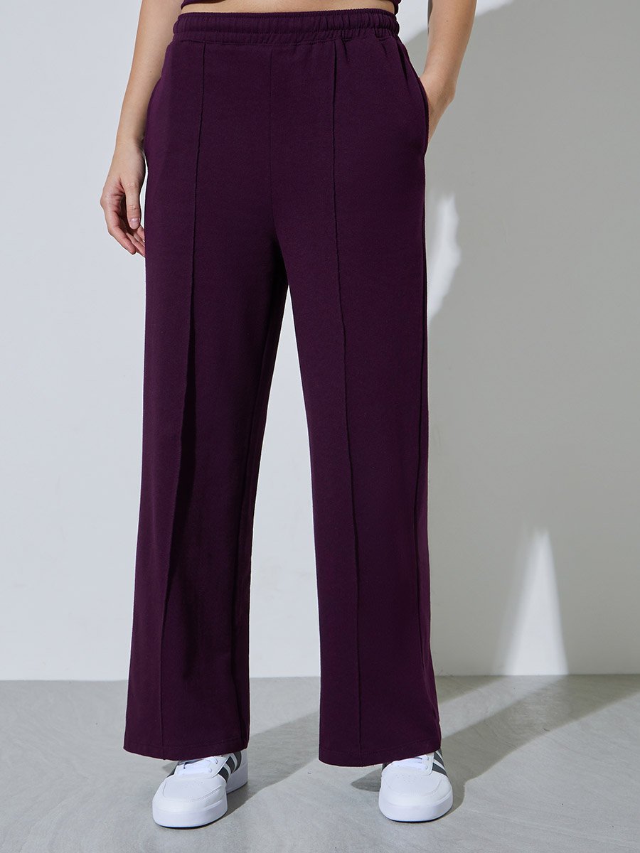 Burgundy Wide Leg Joggers with Elastic Waistband