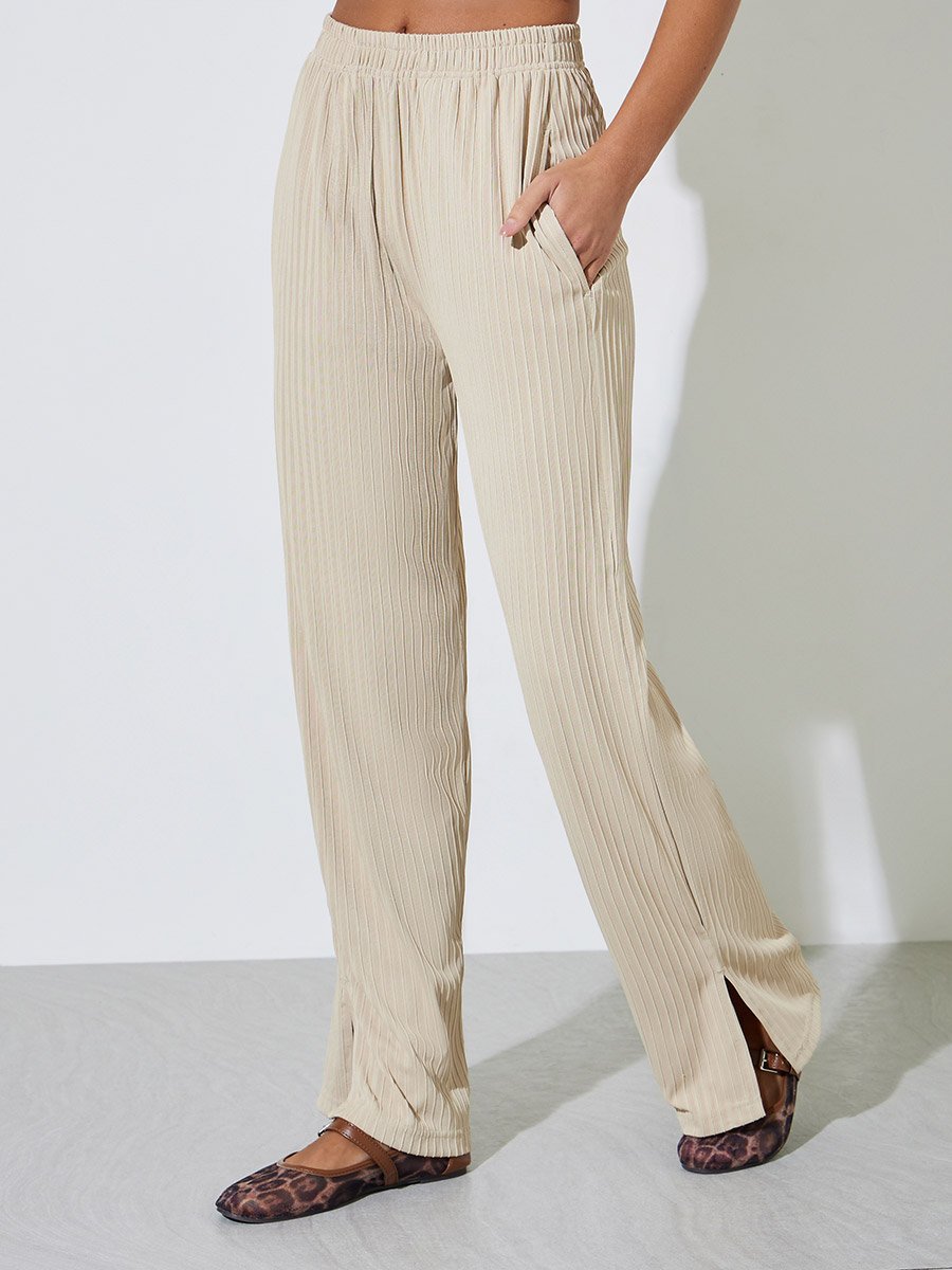 Cream Textured Knit Straight Leg Side Slit Pants
