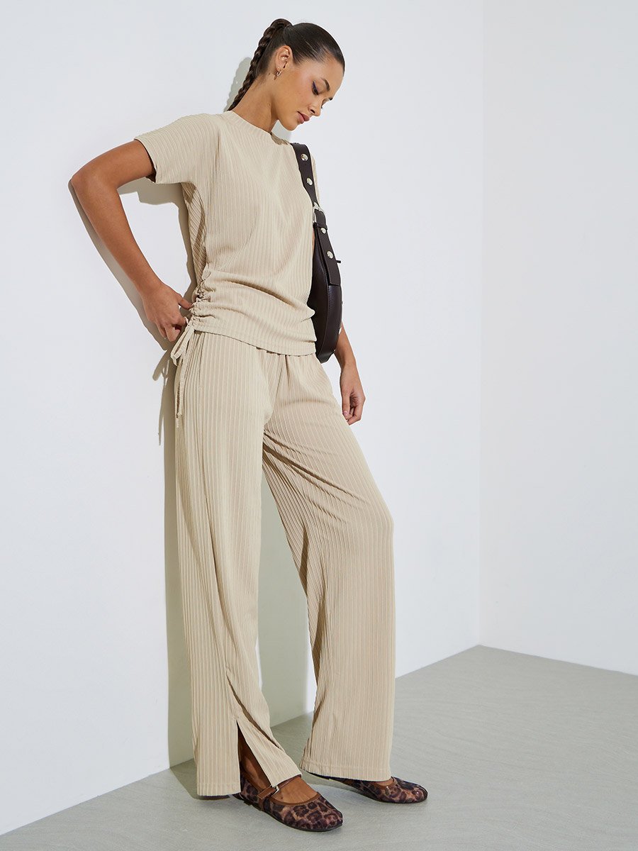 Cream Textured Knit Straight Leg Side Slit Pants