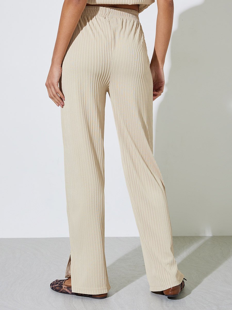 Cream Textured Knit Straight Leg Side Slit Pants