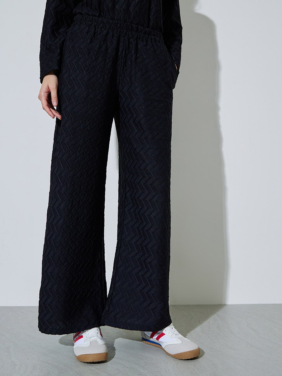 Black Textured Wide Leg Pants with Elasticated Waistband