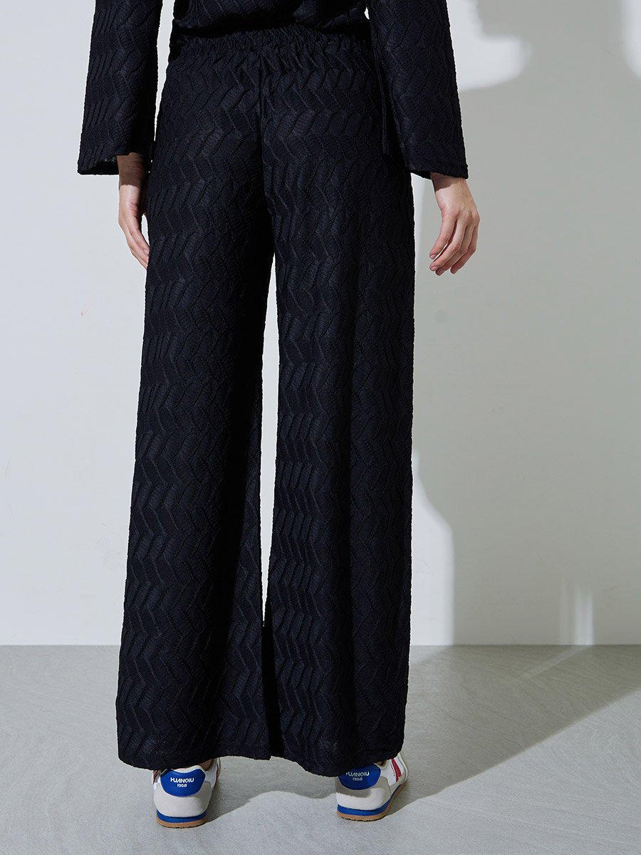 Black Textured Wide Leg Pants with Elasticated Waistband