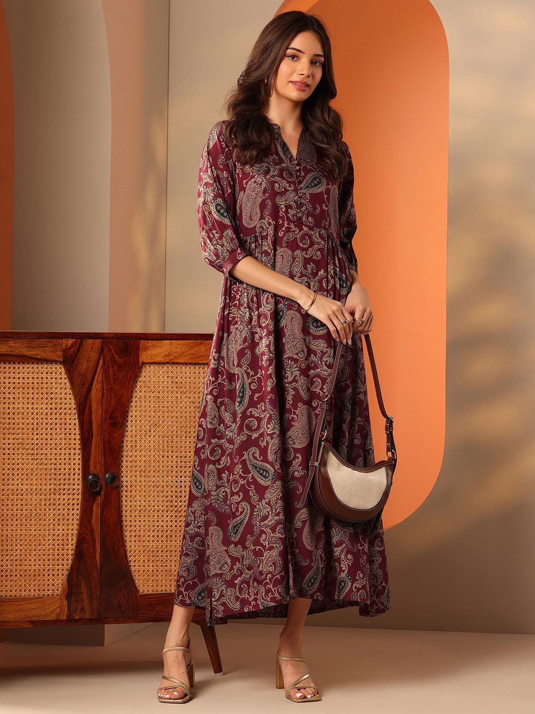 Maroon Printed Rayon A-Line Maxi Dress For Women at UAE | Styli Maroon Printed Rayon A-Line Maxi Dress For Women at UAE | Styli