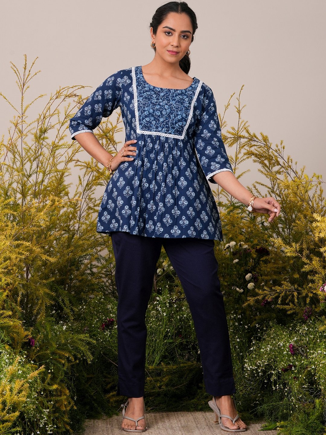 Blue Printed Cotton A-Line Kurti