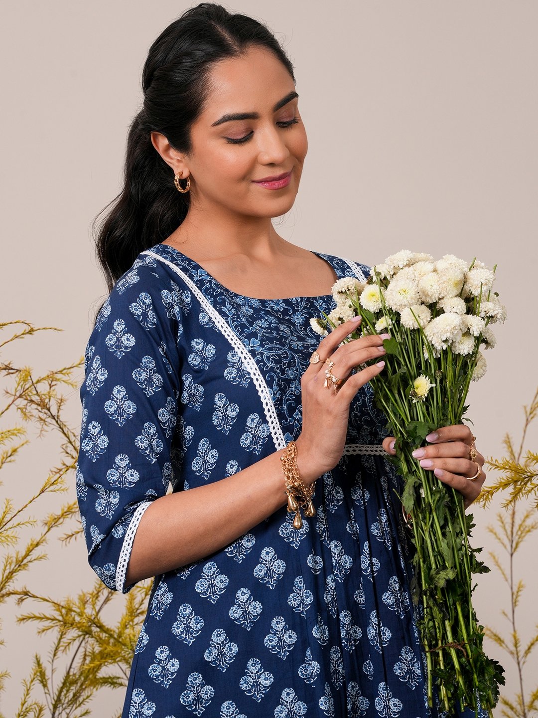 Blue Printed Cotton A-Line Kurti
