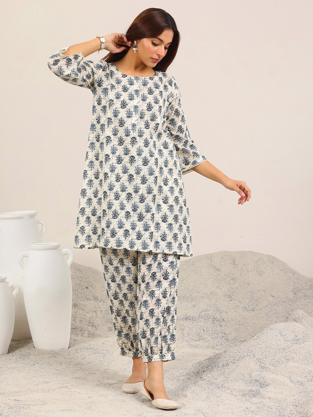 Off White Printed Cotton Top and Pants Co-Ords