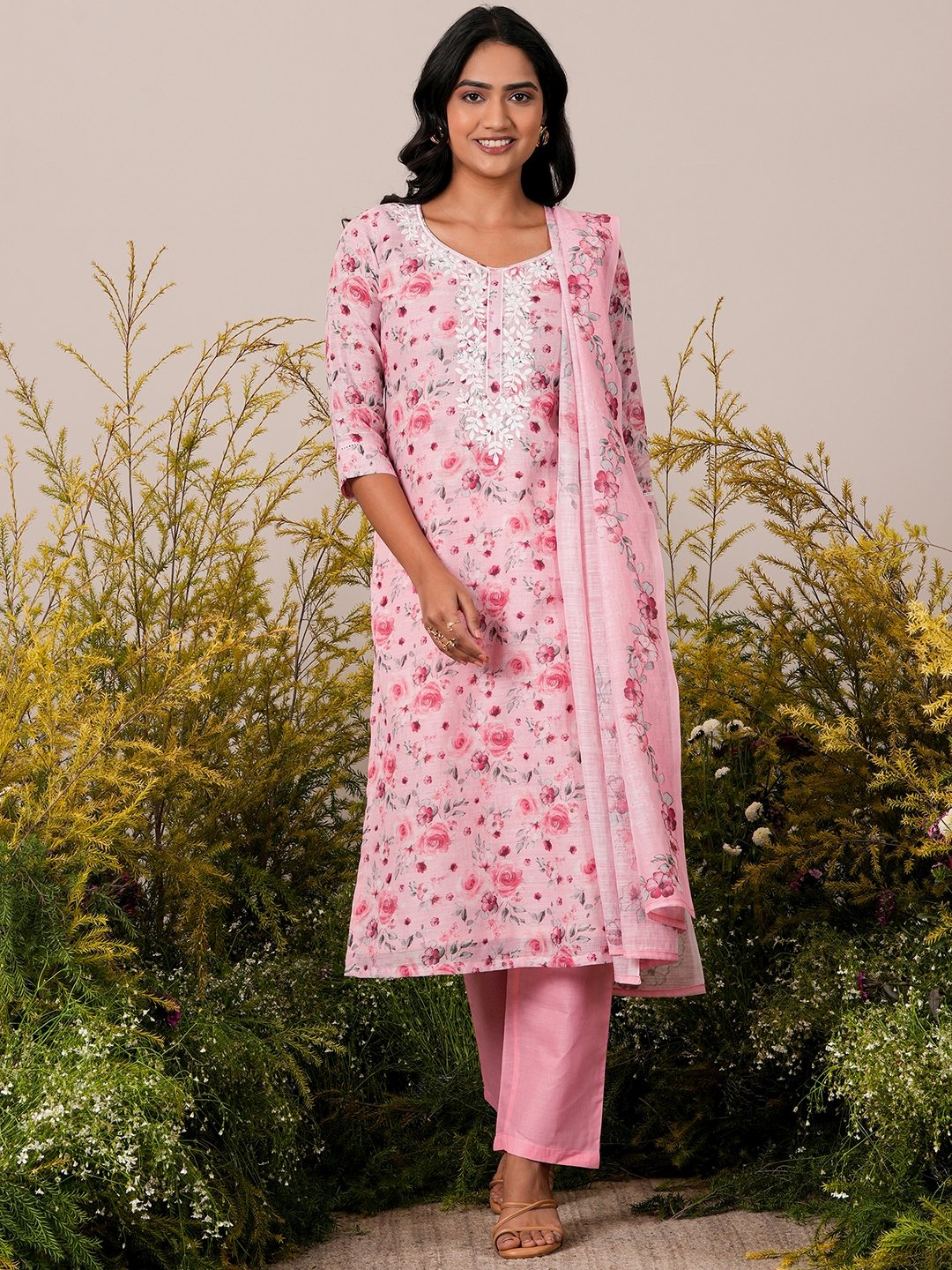 Pink Printed Linen Straight Kurta, Trousers and Dupatta Set