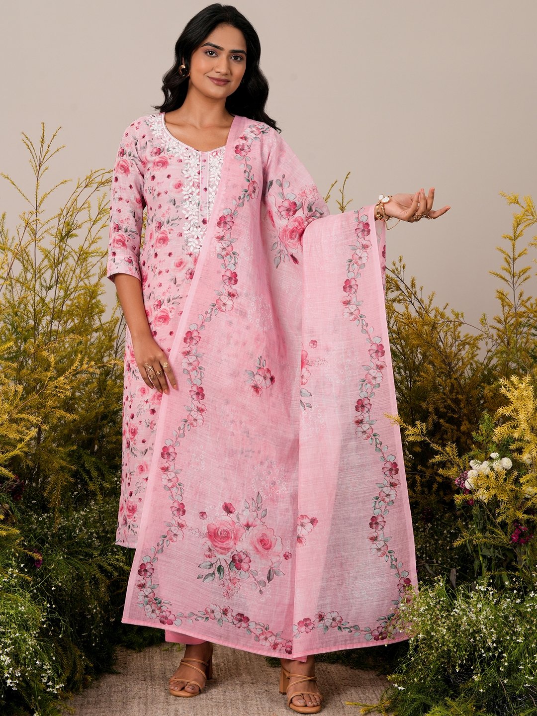 Pink Printed Linen Straight Kurta, Trousers and Dupatta Set
