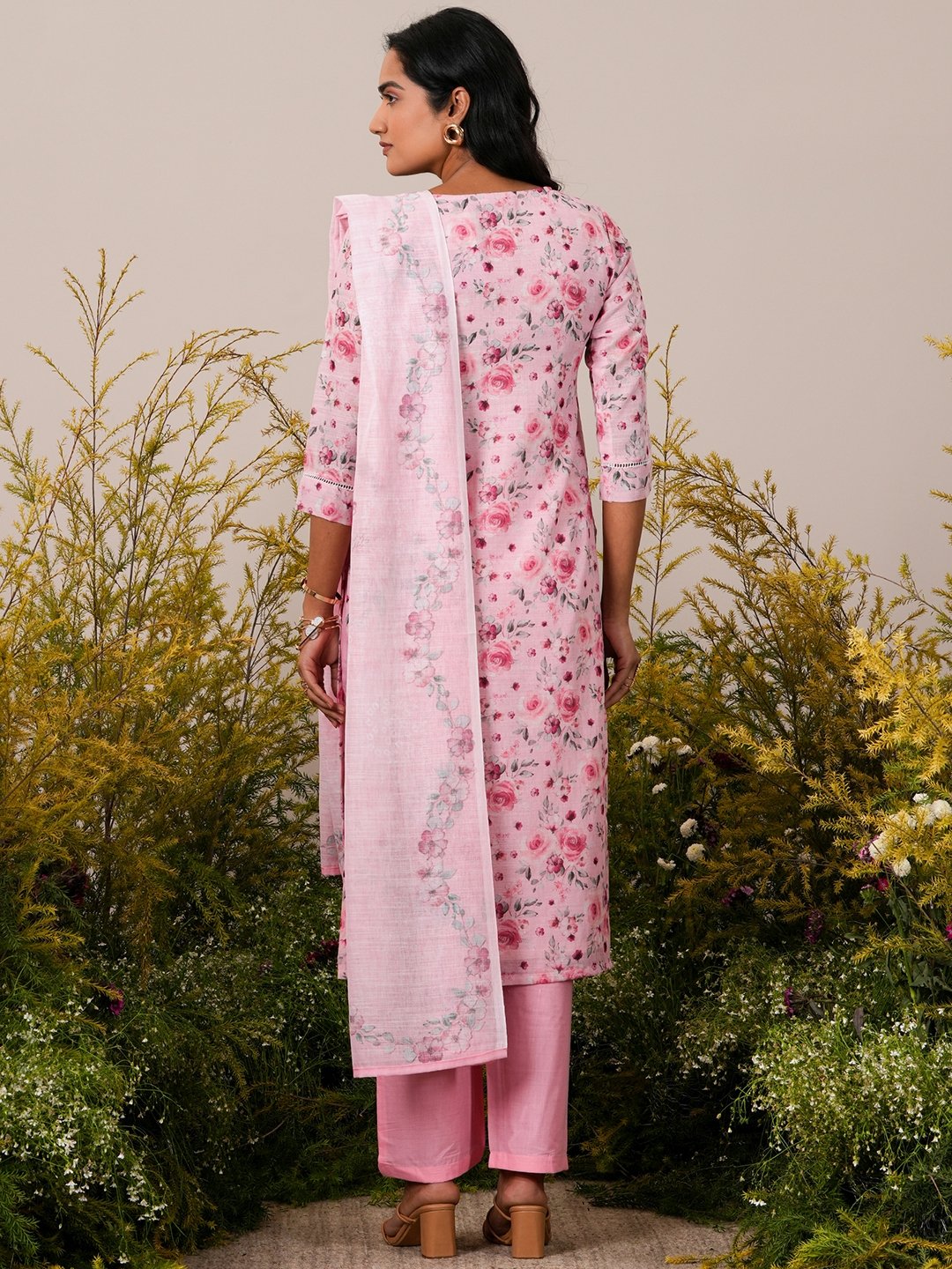 Pink Printed Linen Straight Kurta, Trousers and Dupatta Set