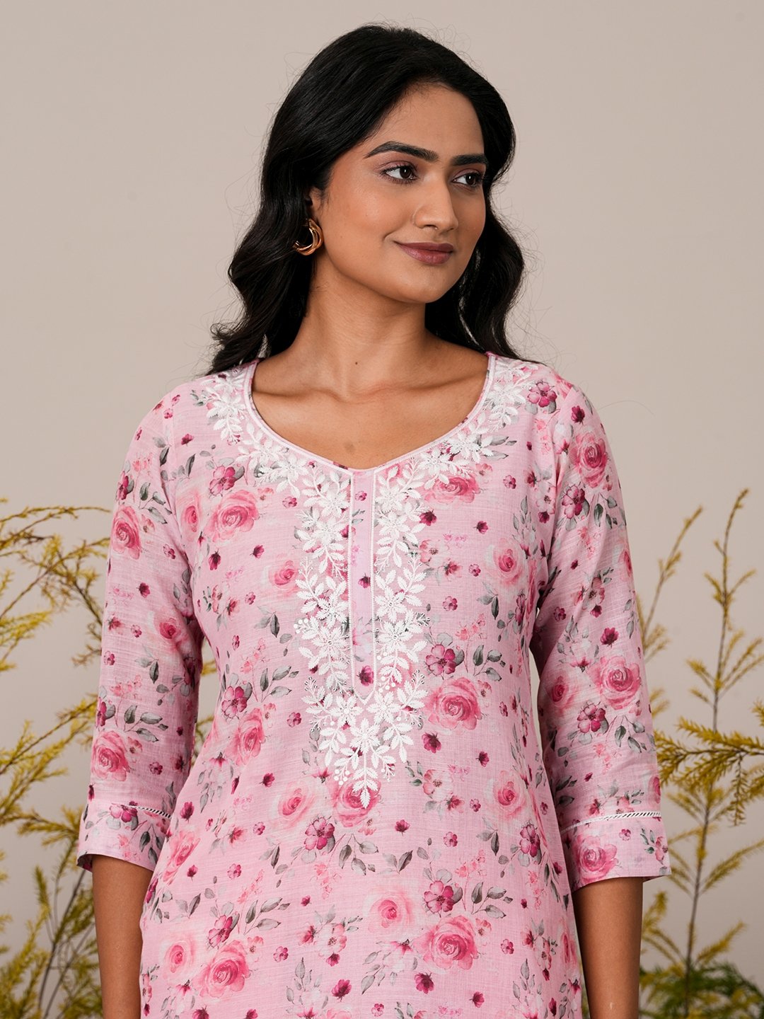 Pink Printed Linen Straight Kurta, Trousers and Dupatta Set