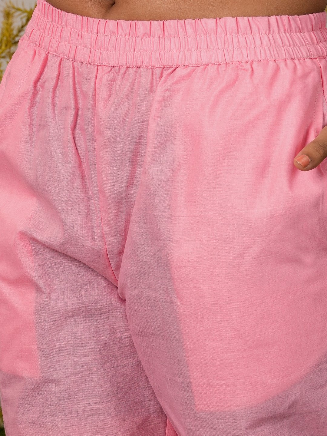 Pink Printed Linen Straight Kurta, Trousers and Dupatta Set