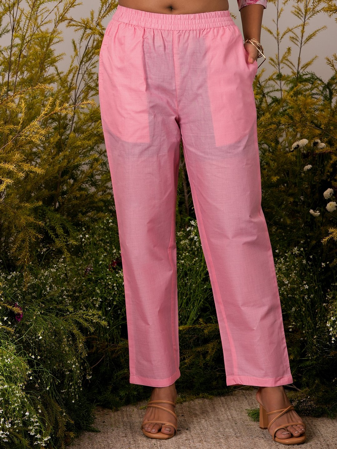 Pink Printed Linen Straight Kurta, Trousers and Dupatta Set