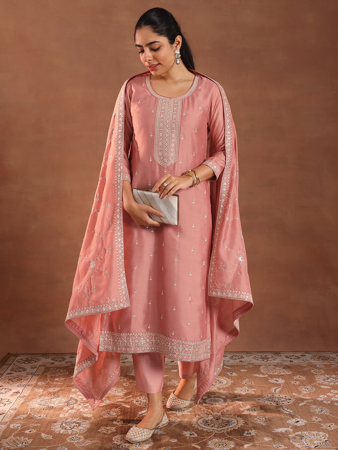 Peach Embroidered Silk Blend Straight Kurta, Trousers and Dupatta Set