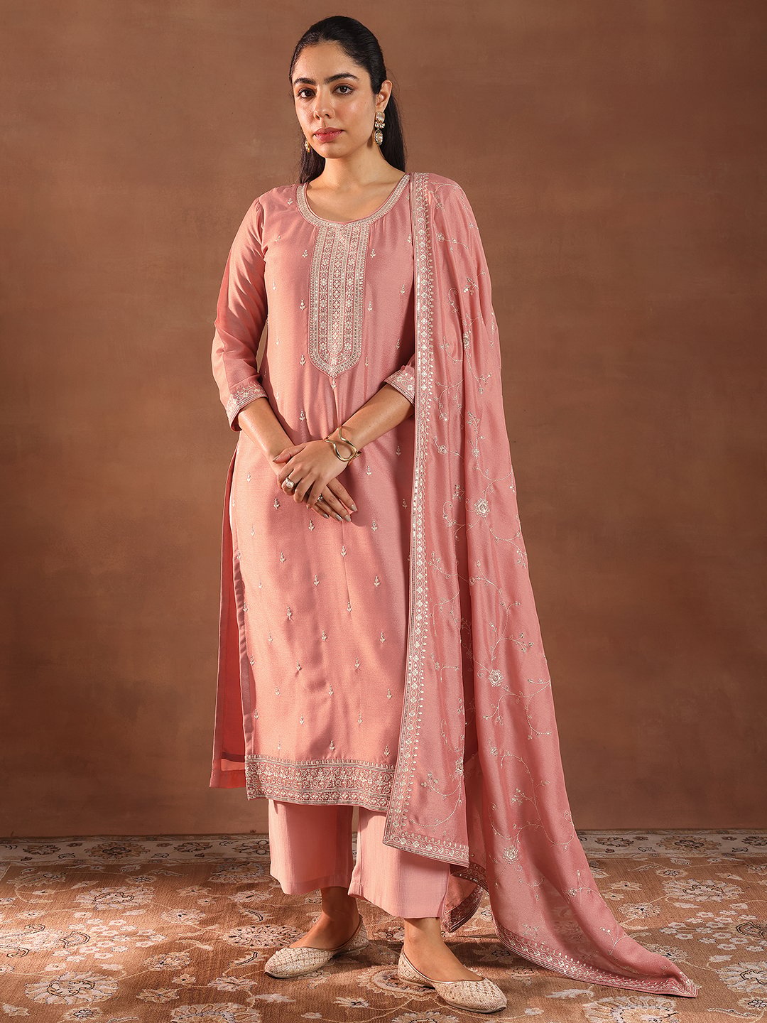 Peach Embroidered Silk Blend Straight Kurta, Trousers and Dupatta Set