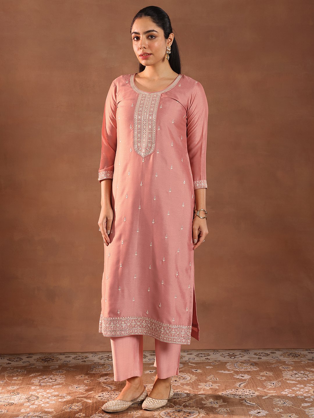 Peach Embroidered Silk Blend Straight Kurta, Trousers and Dupatta Set