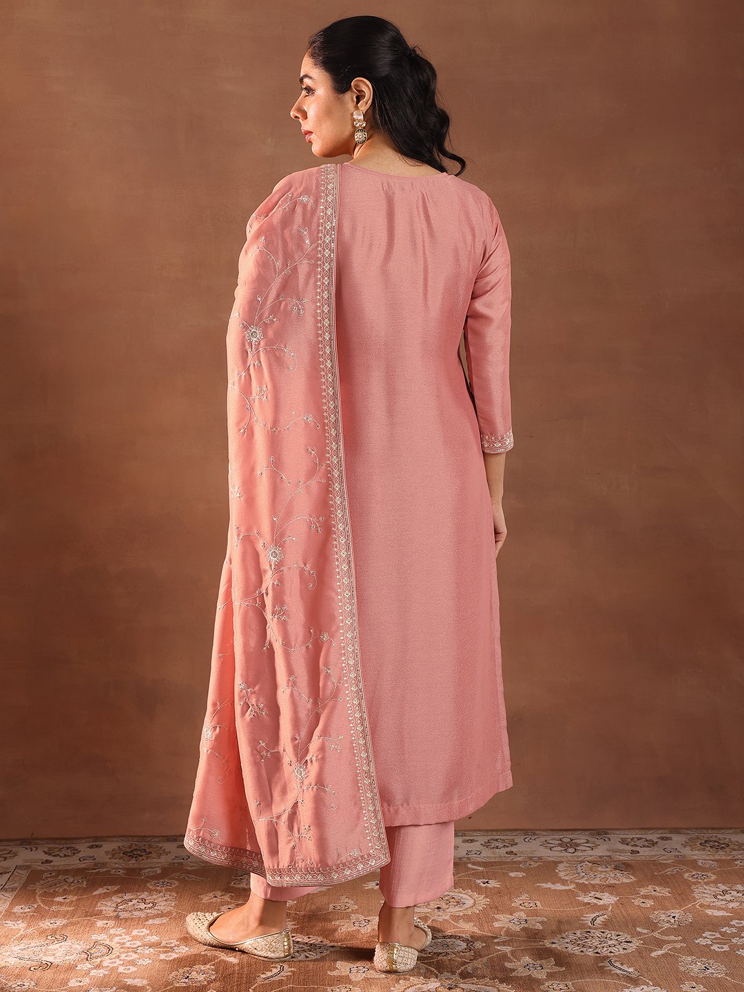 Peach Embroidered Silk Blend Straight Kurta, Trousers and Dupatta Set