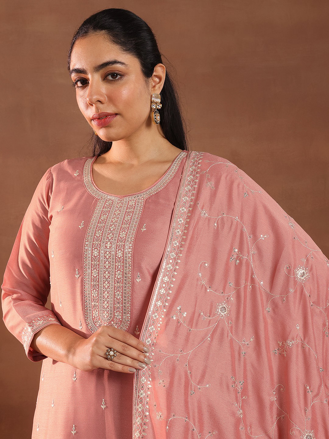 Peach Embroidered Silk Blend Straight Kurta, Trousers and Dupatta Set