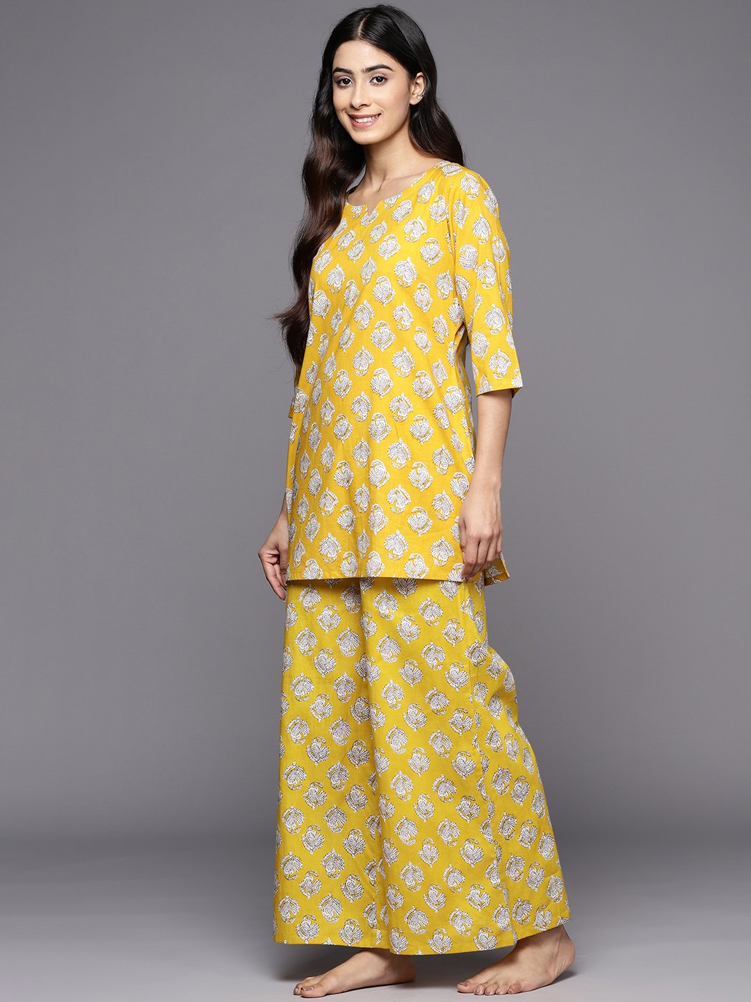 Mustard Printed Cotton Pyjama Set