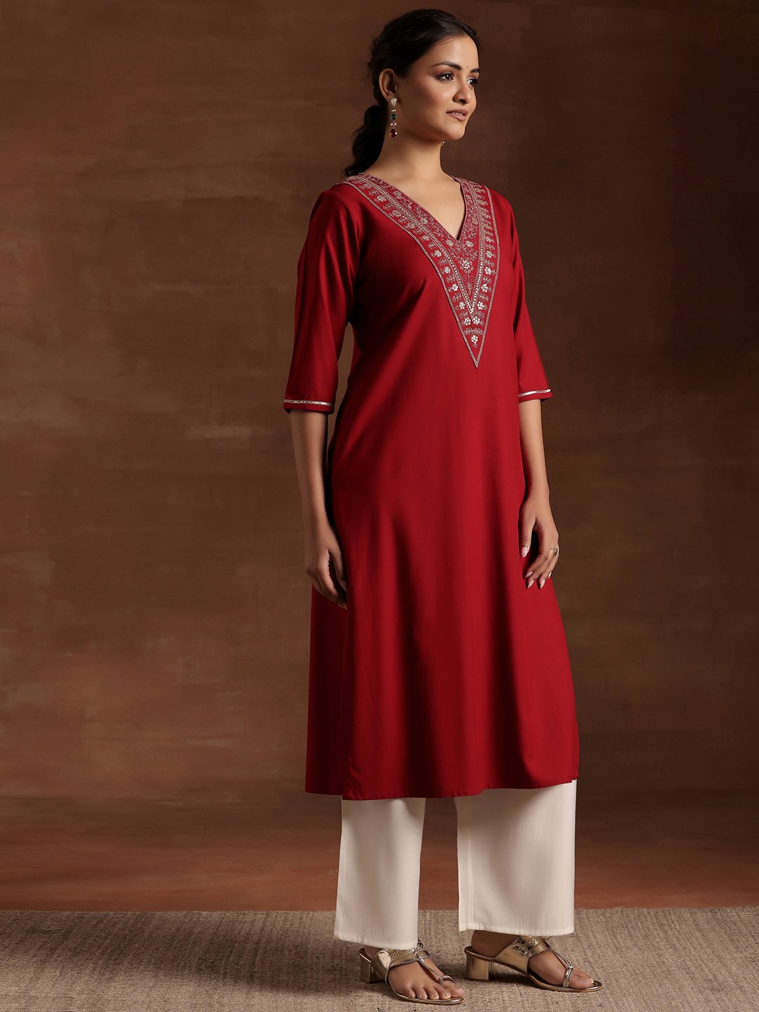 Maroon Embellished Rayon Straight Kurta
