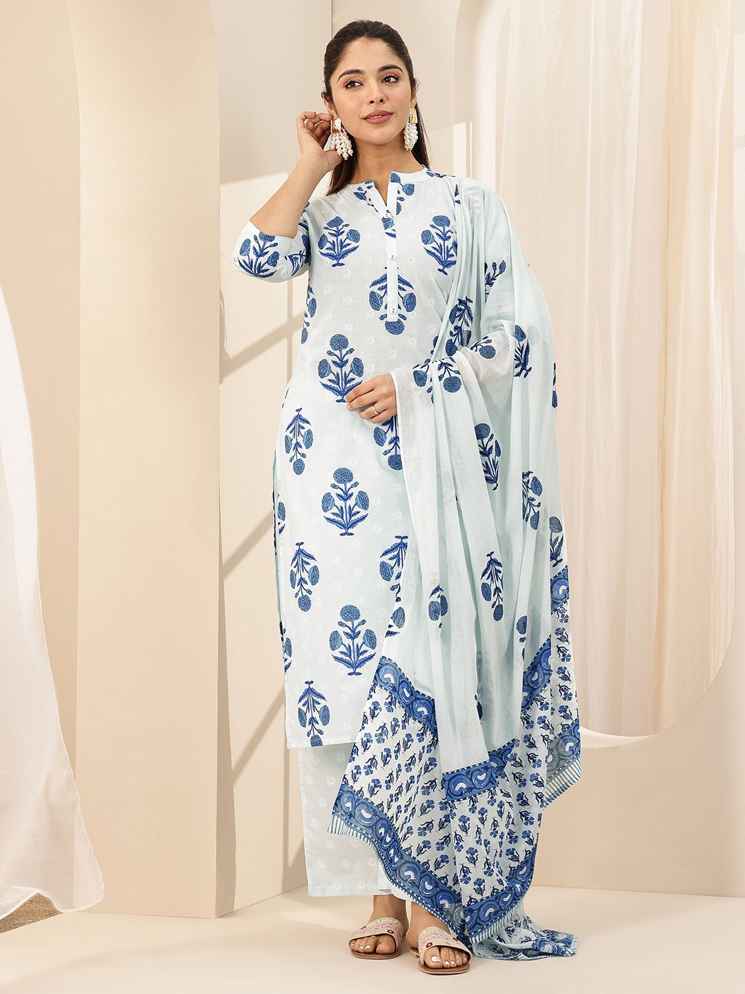 Blue Printed Cotton Straight Kurta, Trousers and Dupatta Set