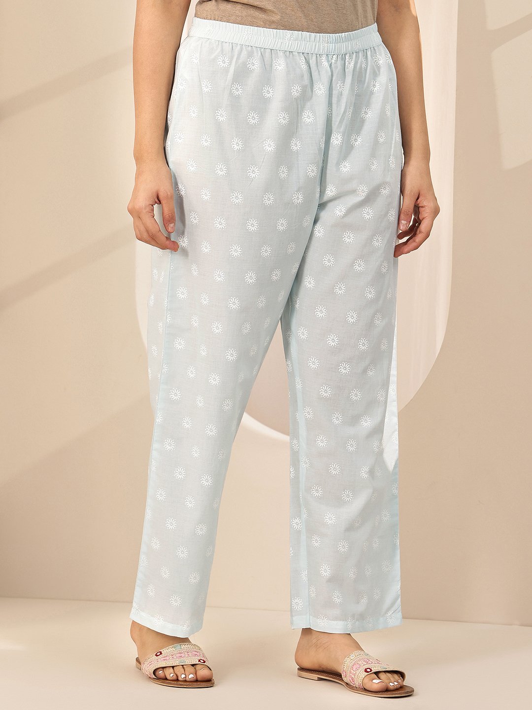 Blue Printed Cotton Straight Kurta, Trousers and Dupatta Set