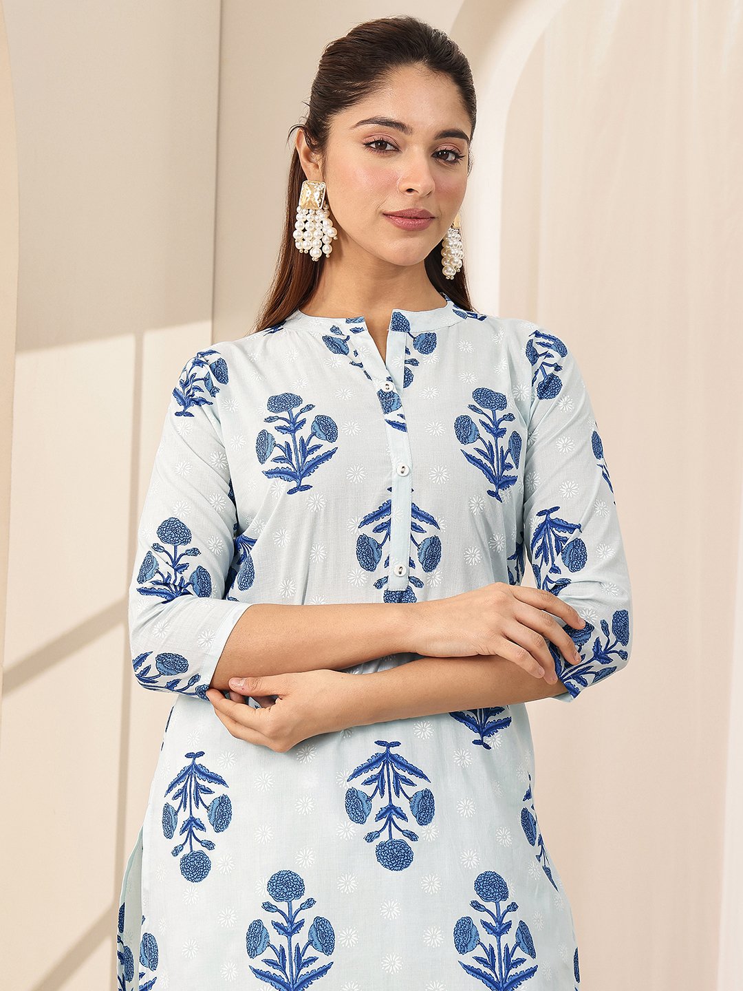 Blue Printed Cotton Straight Kurta, Trousers and Dupatta Set