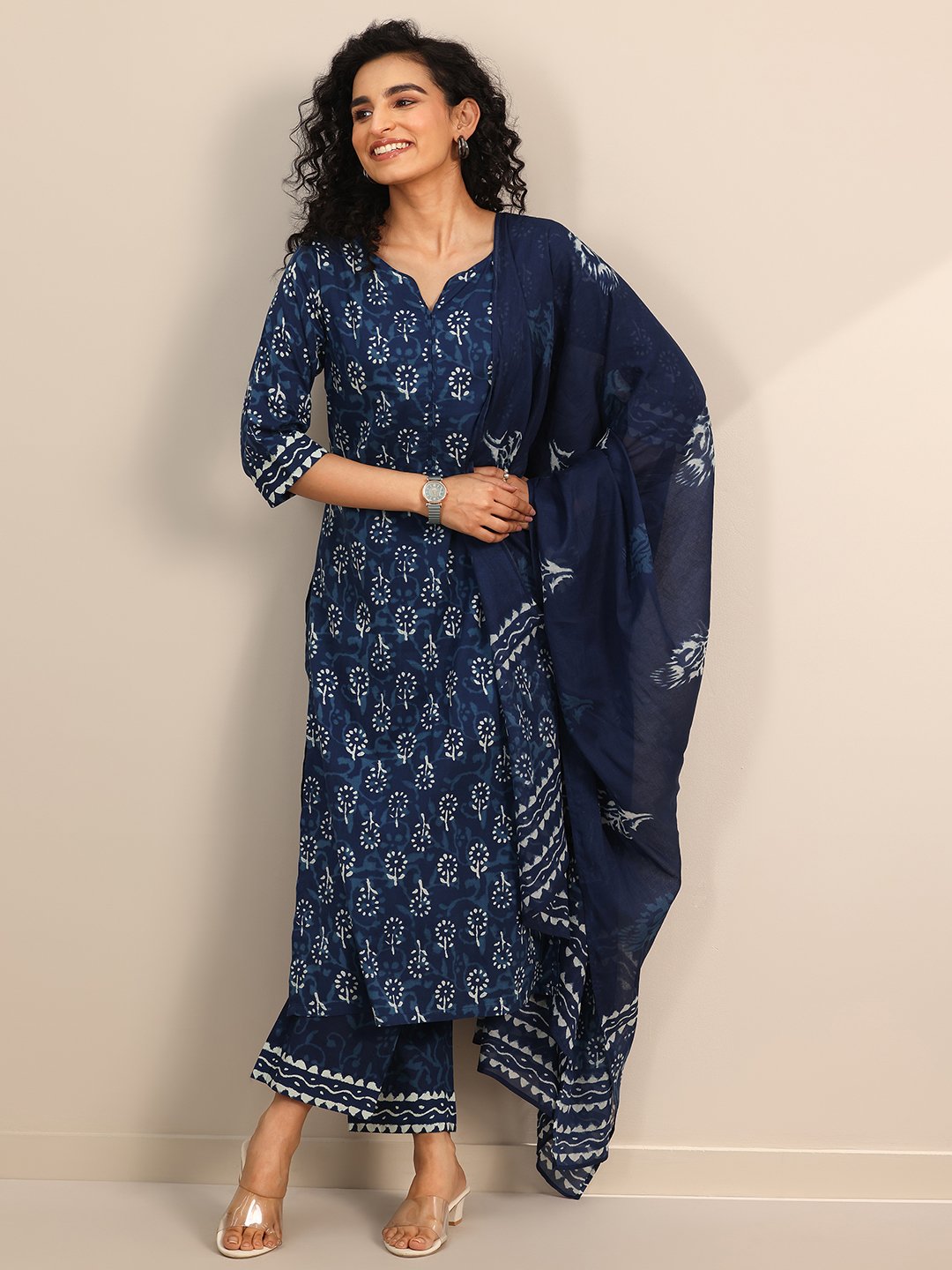 Blue Printed Cotton Straight Kurta, Trousers and Dupatta Set