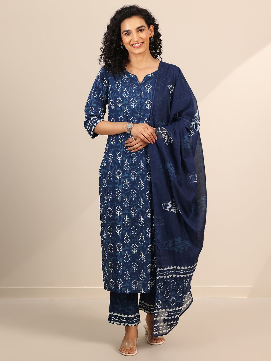 Blue Printed Cotton Straight Kurta, Trousers and Dupatta Set