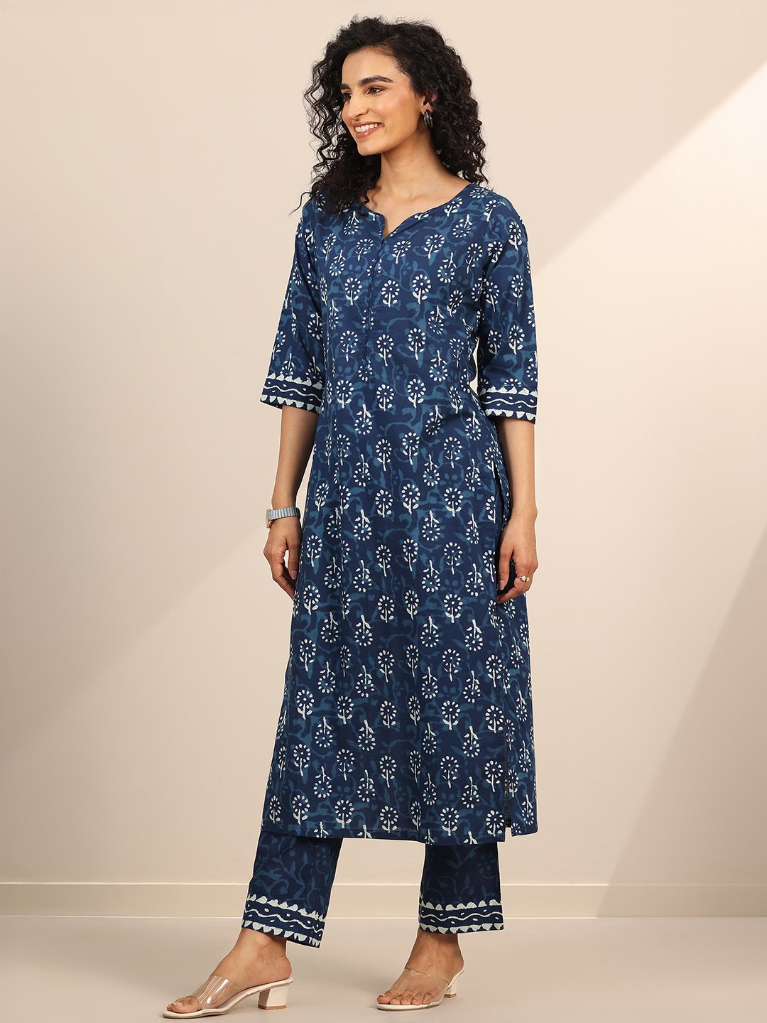 Blue Printed Cotton Straight Kurta, Trousers and Dupatta Set