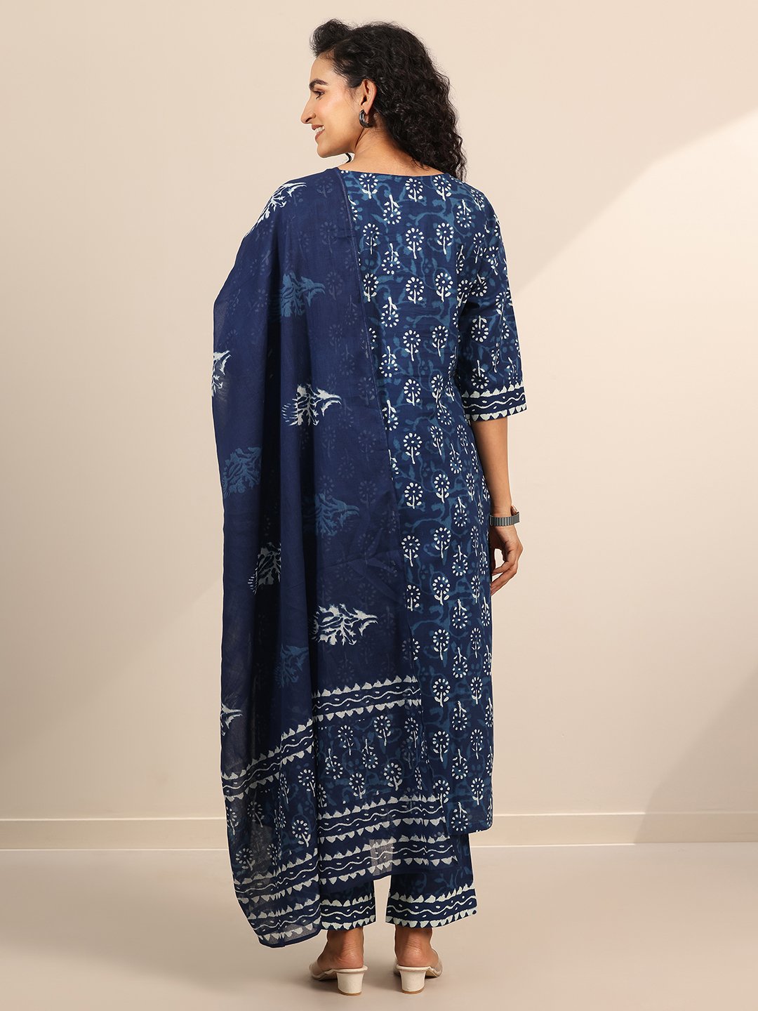 Blue Printed Cotton Straight Kurta, Trousers and Dupatta Set