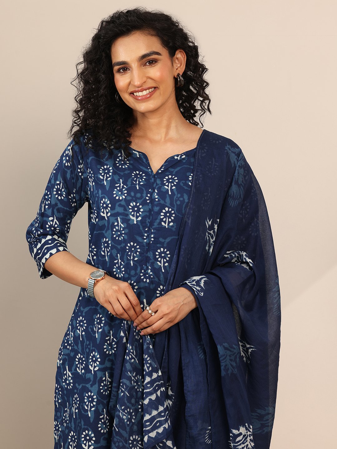 Blue Printed Cotton Straight Kurta, Trousers and Dupatta Set