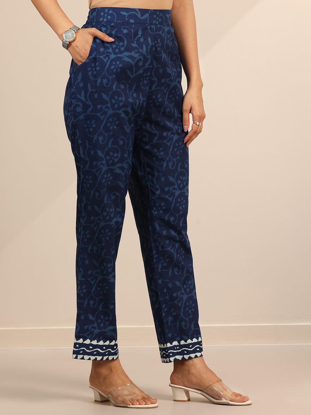 Blue Printed Cotton Straight Kurta, Trousers and Dupatta Set