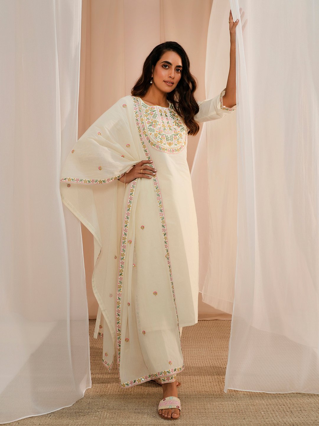 Off White Yoke Design Cotton Straight Kurta, Salwar and Dupatta Set