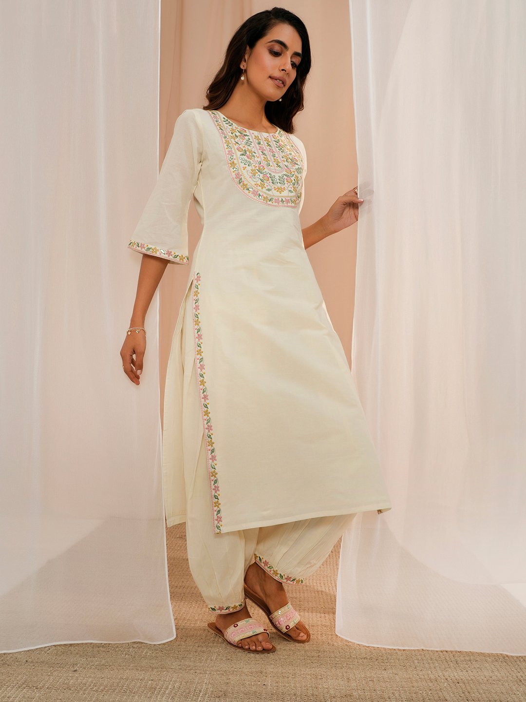 Off White Yoke Design Cotton Straight Kurta, Salwar and Dupatta Set