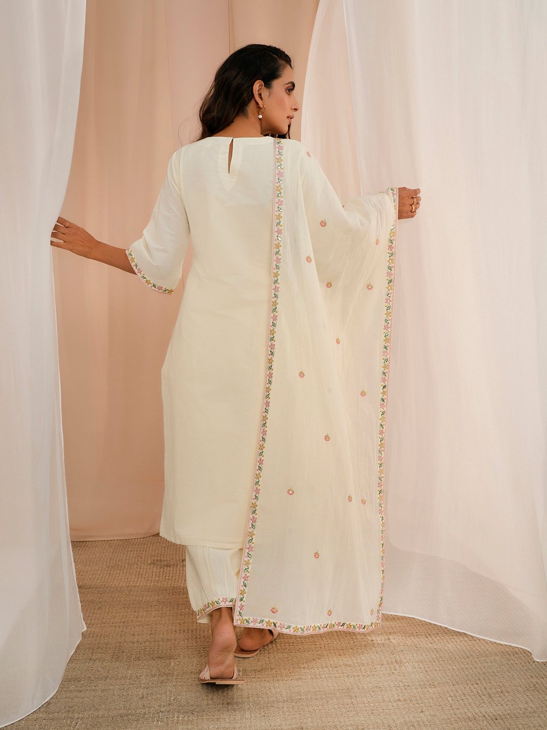 Off White Yoke Design Cotton Straight Kurta, Salwar and Dupatta Set