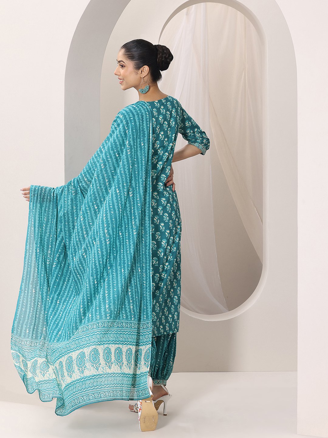 Teal Printed Cotton Straight Kurta, Salwar and Dupatta Set