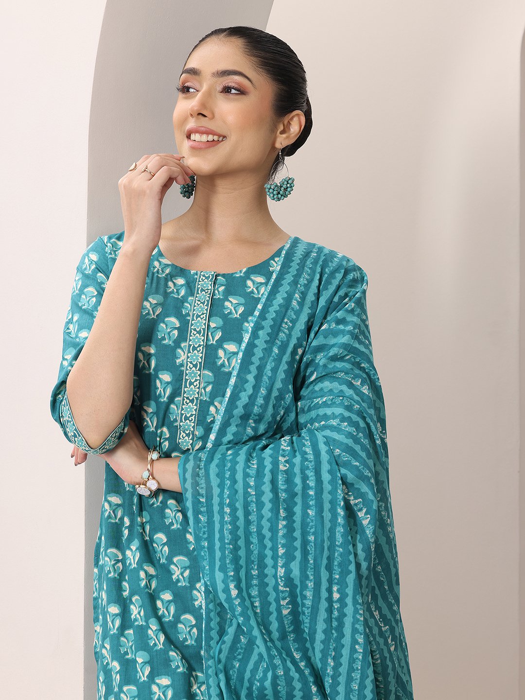 Teal Printed Cotton Straight Kurta, Salwar and Dupatta Set