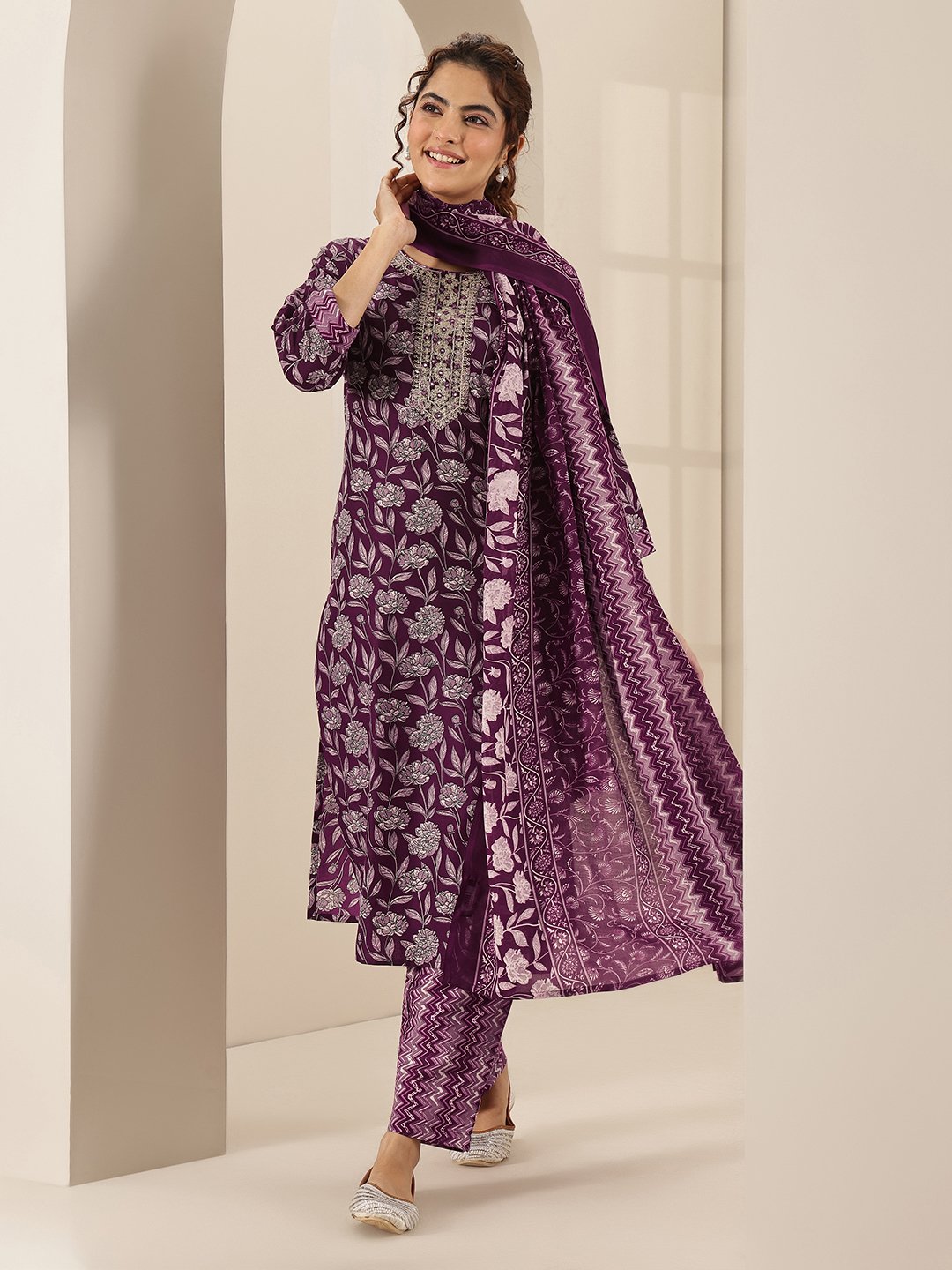 Burgundy Printed Cotton Blend Straight Kurta, Trousers and Dupatta Set
