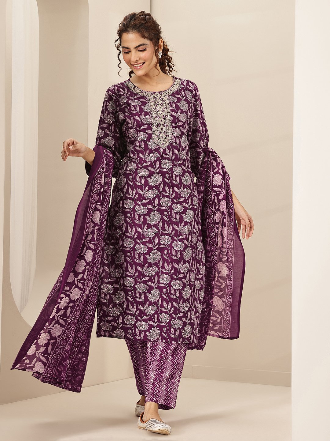 Burgundy Printed Cotton Blend Straight Kurta, Trousers and Dupatta Set