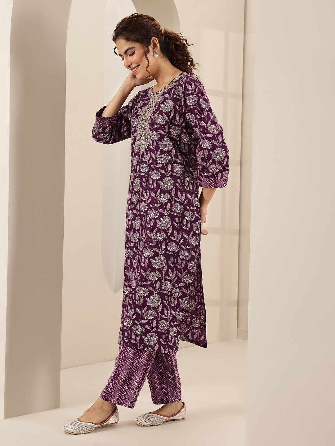 Burgundy Printed Cotton Blend Straight Kurta, Trousers and Dupatta Set