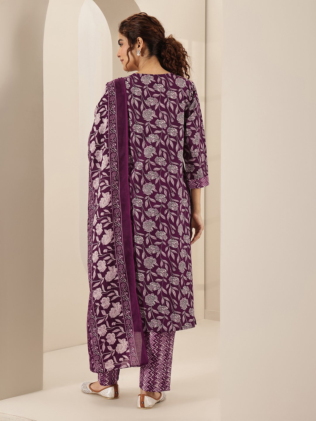 Burgundy Printed Cotton Blend Straight Kurta, Trousers and Dupatta Set