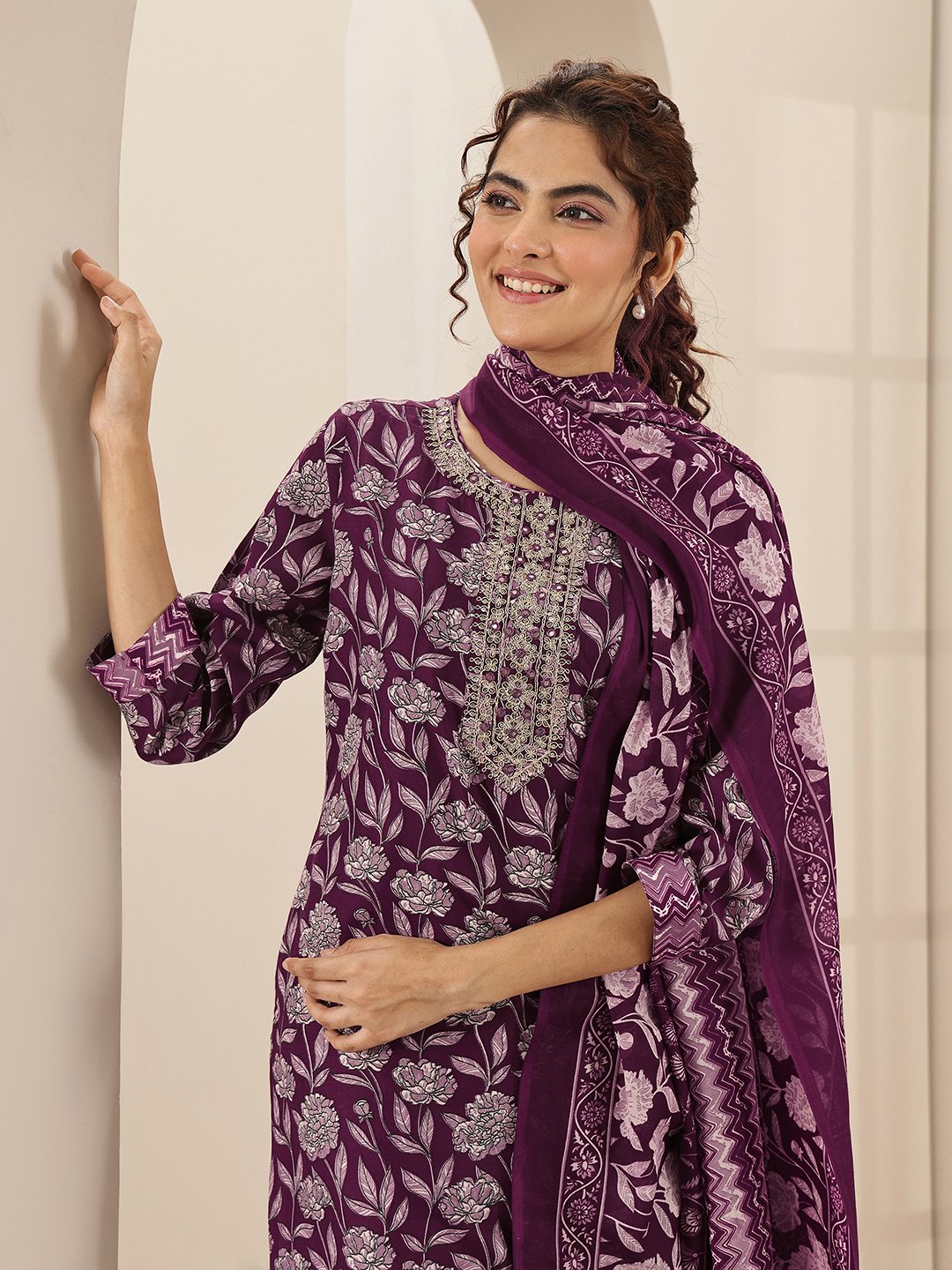 Burgundy Printed Cotton Blend Straight Kurta, Trousers and Dupatta Set