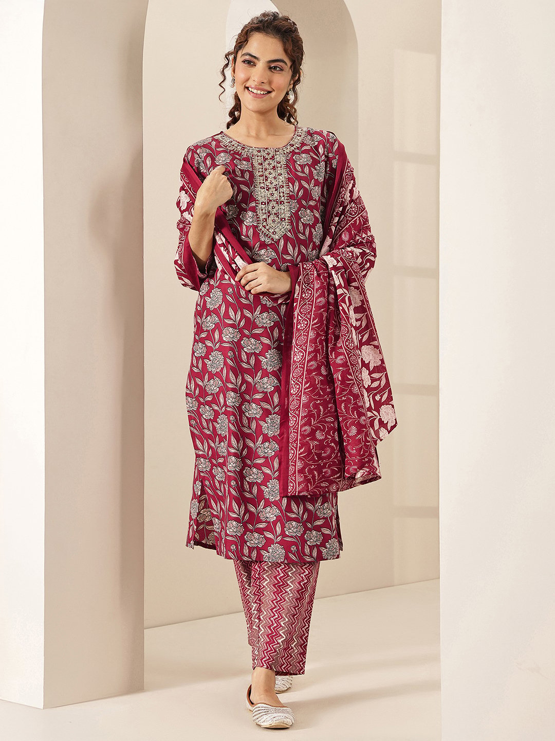 Maroon Printed Cotton Blend Straight Kurta, Trousers and Dupatta Set