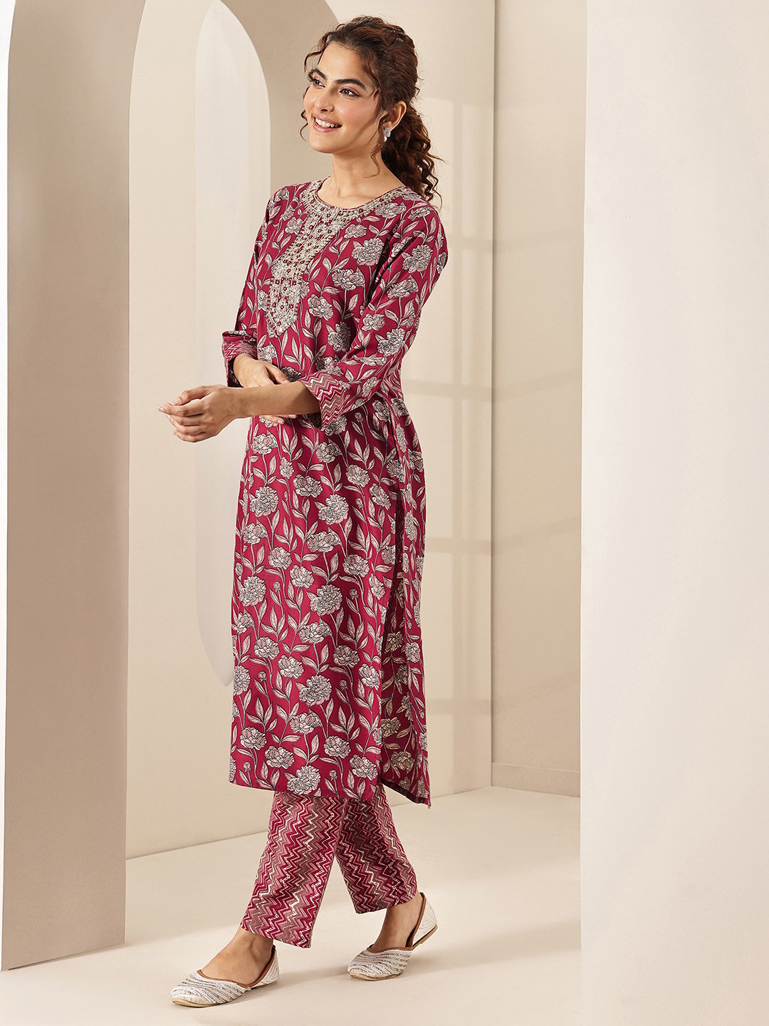 Maroon Printed Cotton Blend Straight Kurta, Trousers and Dupatta Set