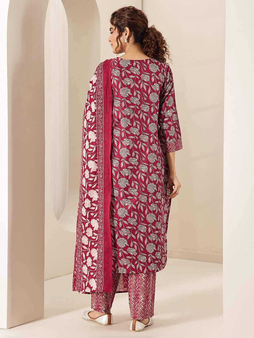 Maroon Printed Cotton Blend Straight Kurta, Trousers and Dupatta Set