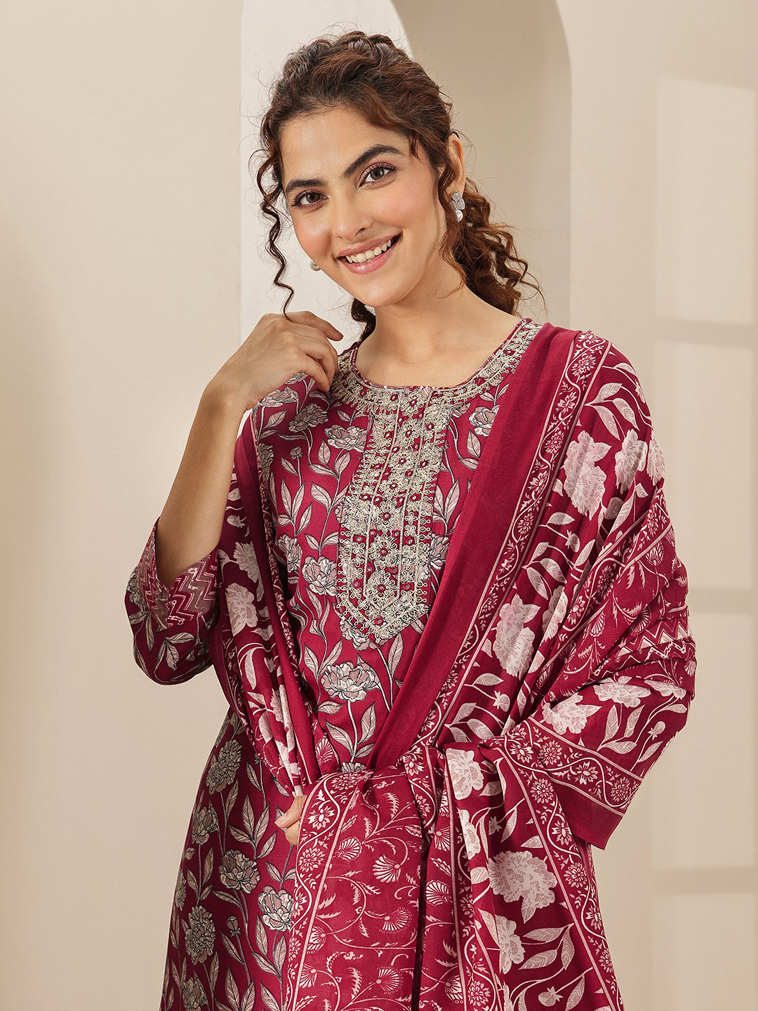 Maroon Printed Cotton Blend Straight Kurta, Trousers and Dupatta Set